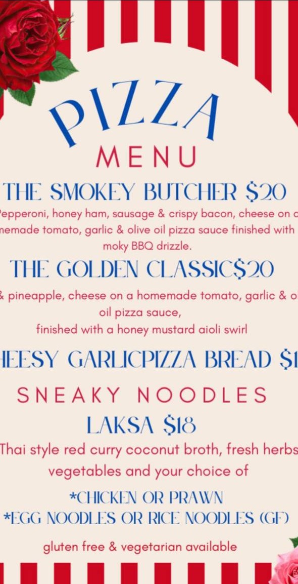 Frida Taco menu artwork in cream, red and blue with roses.